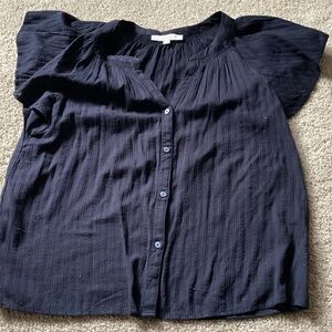 LOFT Black Textured Button-Front Cap Sleeve Blouse